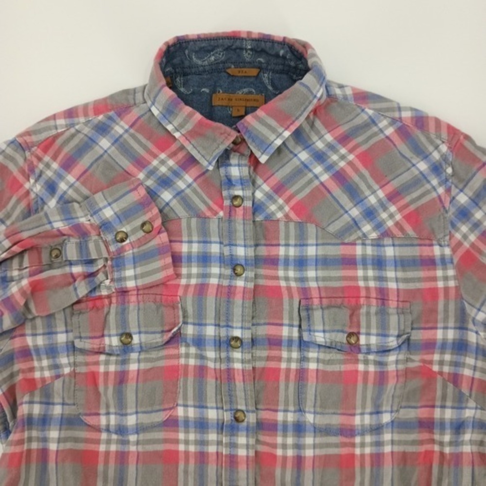 Jachs Girlfriend Bea Plaid Flannel Western Shirt Pink Blue Grey‎ Cotton Large
